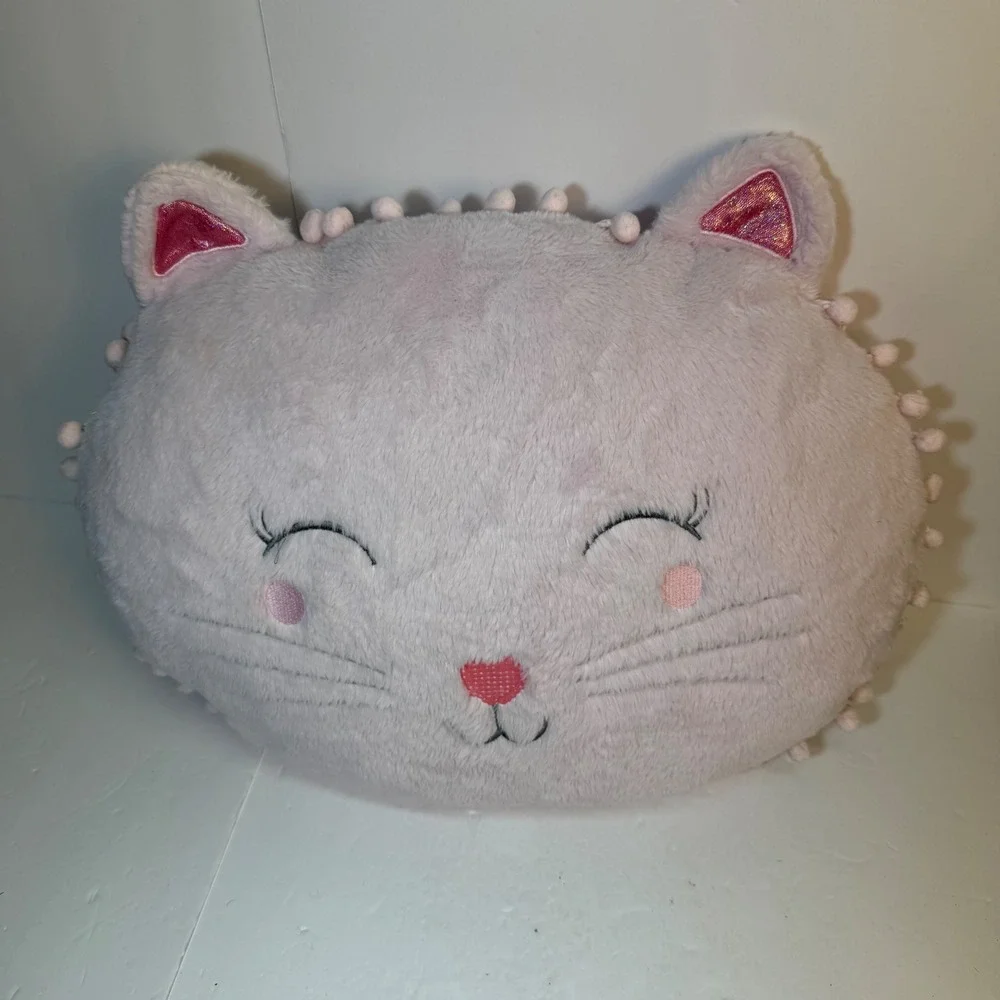 Isaac Mizrahi New York Pink Plush Cat Pillow Pom Pom Trim Decorative Accent